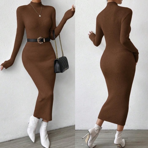 Sexy mock neck ribbed long sleeve bodycon fitted maxi sweater dress - Picture 5 of 16